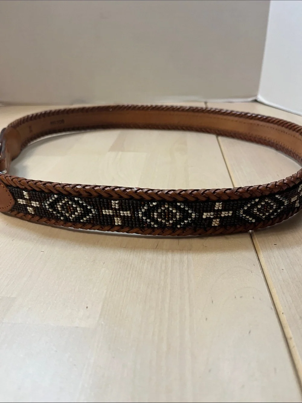 Brown Leather & Decorative Beaded Belt w/ Silver Hardware Men’s Size 38